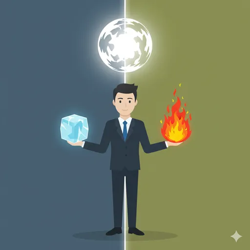 「かたや」の正しい使い方を習得した人物が、思考の多角性を示す二つの異なる視点を完璧に統合している様子を示すイラスト
