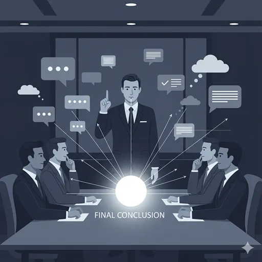 議論の終着点として、「蓋し」という言葉を使い、すべての論点を一つに収束させるリーダーの様子を表すイラスト