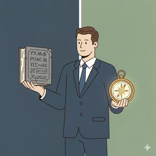 正しい言葉の選び方によって、思考の深さと終着点を示し、プロフェッショナルな権威性を高めるリーダーのイラスト