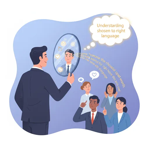 正しい言葉の選び方によって、相手の深層に眠る真意を見抜き、人間的な温かさで組織を導くリーダーのイラスト