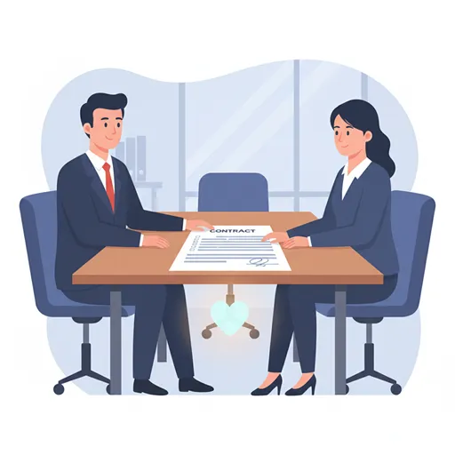  交渉の場において、相手の機微を読み解き、論理的な判断だけでなく人間的な温かさで信頼を築く様子を表すイラスト