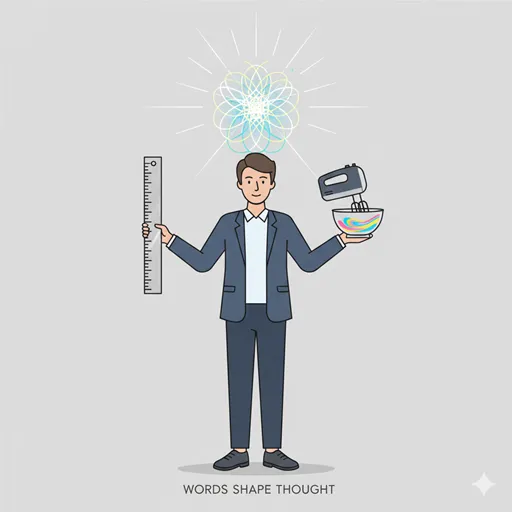 正しい言葉の選び方によって、創造のプロセスを明確にし、プロフェッショナルとしての信頼性を高めるリーダーのイラスト