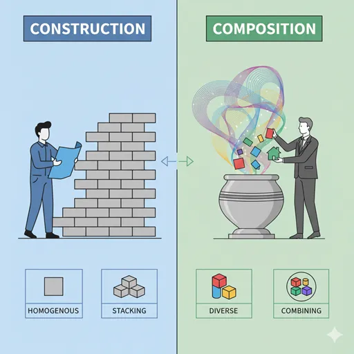「構築」と「組成」の違いを「要素の性質」「適用分野」などで比較した図解