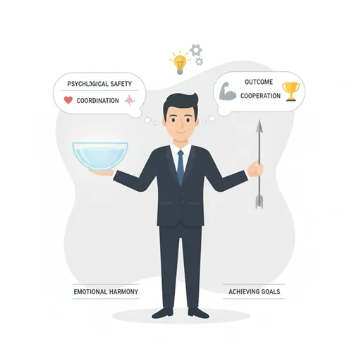 正しい言葉の選び方によって、組織の心理的安全性と成果を両立させるリーダーのイラスト