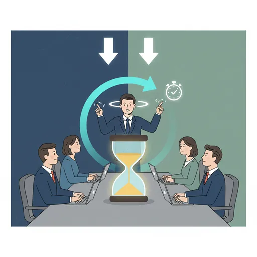 ビジネス会議において、「もとより」を使って論点の土台を固め、参加者全員の視線を本質的な議論へと集中させているリーダーのイラスト