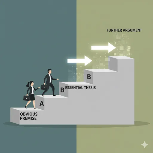 「もとより」が持つ、基礎的な前提を足場として、より高度な論点へと論理を階層的にシフトさせる様子を示すイラスト