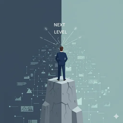 「もとより」の正しい使い方を習得した人物が、論理の土台を固め、自身の思考を次のレベルへと一段高い場所から見渡しているイラスト