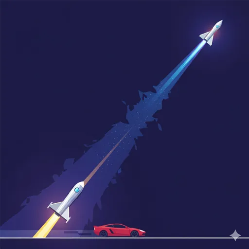 競合が容易に追いつけないほどの、技術的・質的な圧倒的な差（ギャップ）が生み出されている様子を表すイラスト