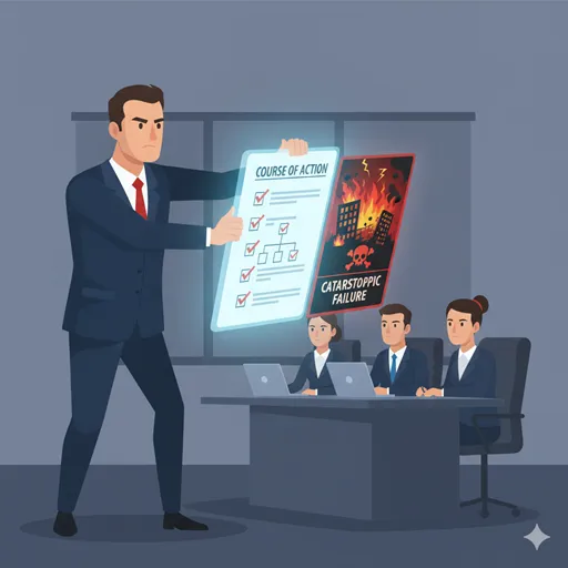 業務指示において、「さもなければ」という言葉を使って、失敗した際の深刻なリスクを提示し、行動の実行を強制しているリーダーの様子