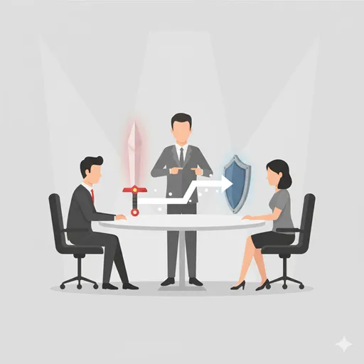 利害が真っ向から対立する中で、冷静な論理と痛みを伴う譲歩によって合意点を探る様子を表すイラスト