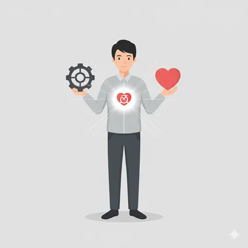 公正な基準（ルール）と人間的な事情（心）を統合し、最適な判断を下す様子を表すイラスト