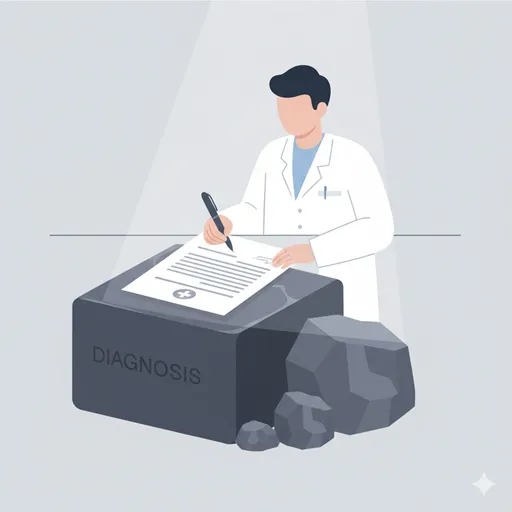 「所見」の重みを、意見や見解と区別する、責任の重さとして表現したイラスト