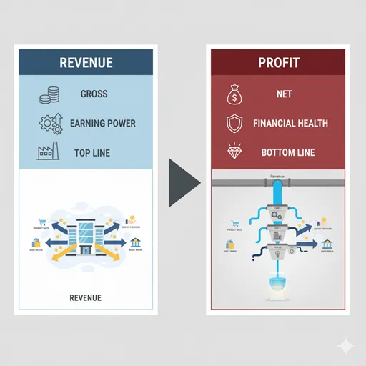 「収益」と「利益」の違いを「費用の扱い」「ビジネスでの意味」などで比較した図解