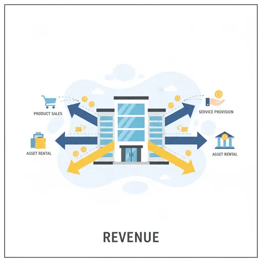 ビジネス活動を通じて、売上や資産が企業に流れ込む様子を表すイラスト