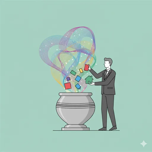 株式や債券など、多様な金融商品を組み合わせて、新しいリスク・リターン特性を持つポートフォリオを作る様子を表すイラスト