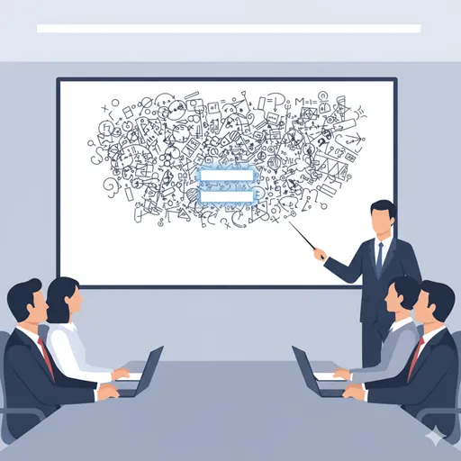 複雑な概念を、論理的なイコールで、よりシンプルで明確な一つの定義に置き換える様子を表すイラスト