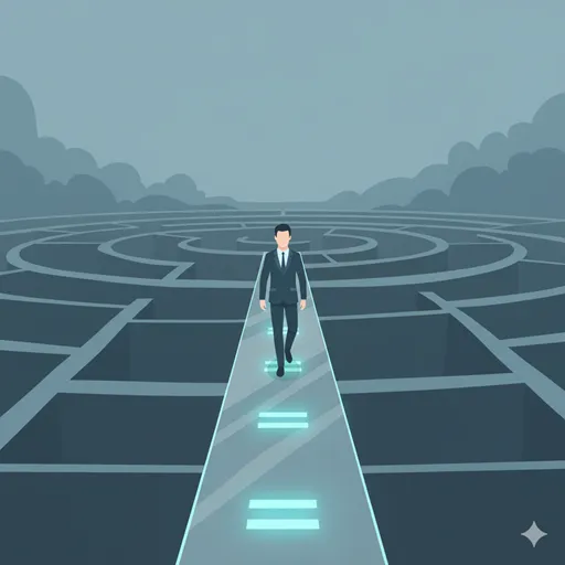 「即ち」の正しい使い分けを習得した人物が、思考の迷路から抜け出し、透明な論理的な道筋を自信を持って歩いているイラスト