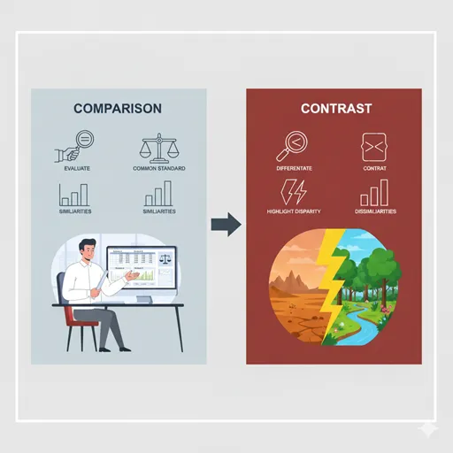 「対比」と「比較」の違いを「目的」「焦点」などで比較した図解