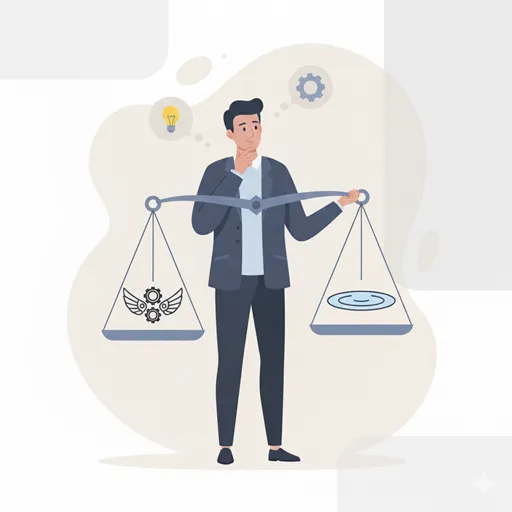 正しい言葉の選び方によって、能動的な自己変革と受動的な慣れのバランスを明確にするリーダーのイラスト