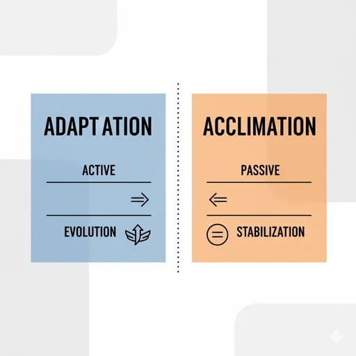 「適応」と「順応」の違いを「変化の主体」「目的」などで比較した図解