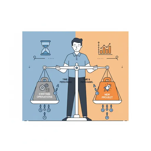 長期間にわたる二つの活動（業務と新規プロジェクト）にリソースを分け、効率的に運用する様子を表すイラスト