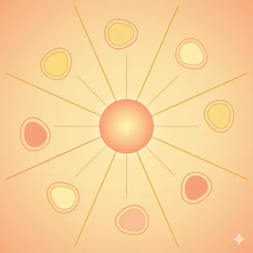 「〜について」が持つ、話題の周辺領域を含む包括的で広い範囲を示すイラスト