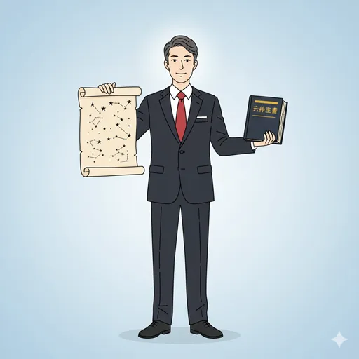 正しい言葉の選び方によって、運命論的な深さと、行動の是非を問う倫理的な視点を使い分けるリーダーのイラスト