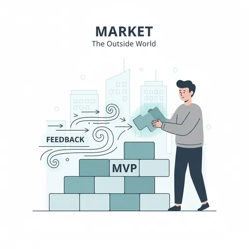 ソフトウェア開発や組織変革において、小さなステップごとにフィードバックを取り入れ、計画を柔軟に修正する様子を表すイラスト