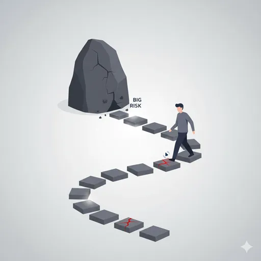 小さなステップ（改善）を継続することで、大きな失敗のリスクを管理する様子を表すイラスト