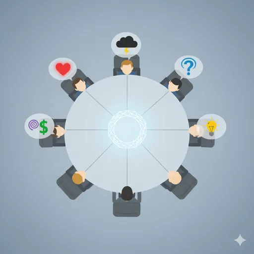 議論の場で、感情や人ではなく、内容の正当性のみに焦点を当てる様子を表すイラスト