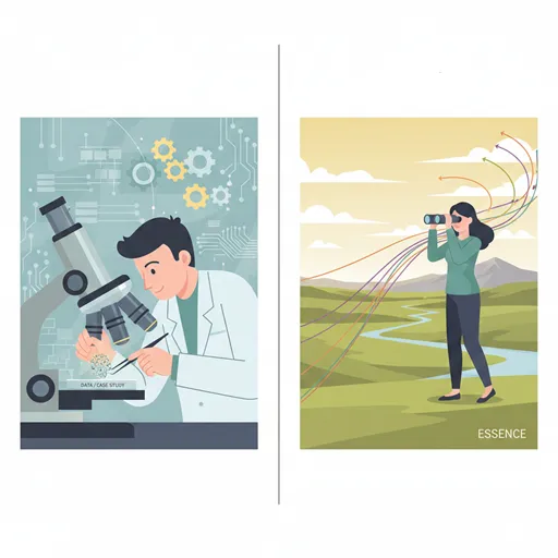 「知見」を具体的なデータを収集する顕微鏡として、「見識」を広範な視野から全体を見通す双眼鏡として対比させて表現したイラスト