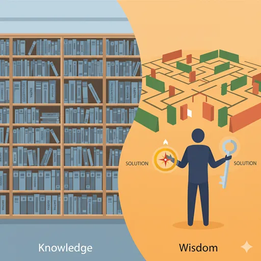 「知識」の体系的な情報（図書館）と「知恵」の現実世界での応用力（コンパスと解決策）を対比させたイラスト。