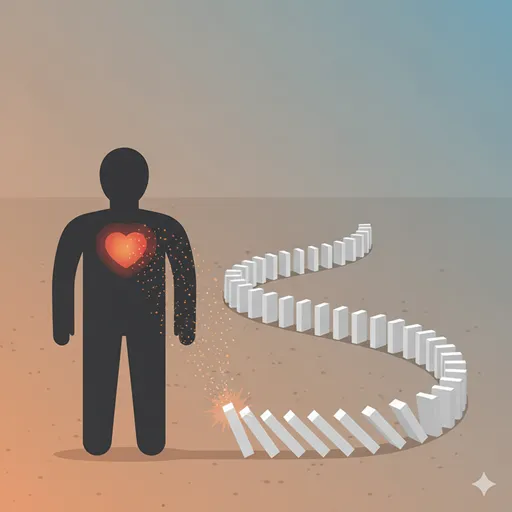 行動(ドミノ倒し)を開始させる、個人の内側から湧き出る感情や欲求(衝動)としての「動機」の始動を表すイラスト。