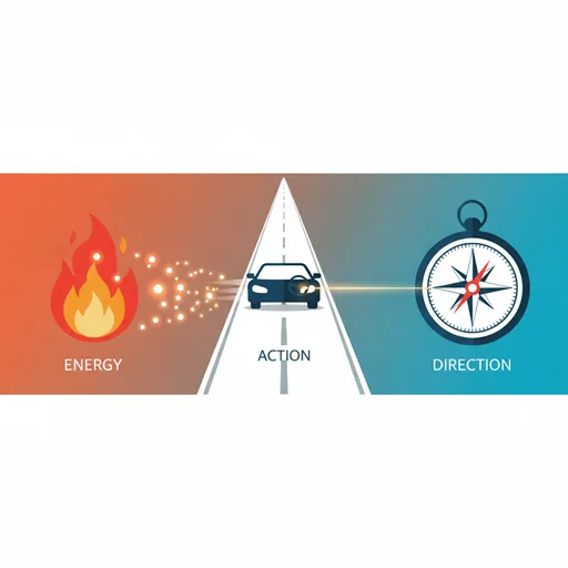 動機(エネルギー)が目的(ゴール)を達成するための行動を持続させ、両者が協調して行動の因果関係を明確にするプロセスを表すイラスト。