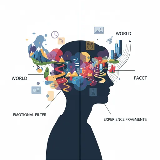 私たちの目の前に広がる世界全体を、個人の感情、経験、バイアスというレンズを通して認識している「現実」の主観的な全体像を表すイラスト。