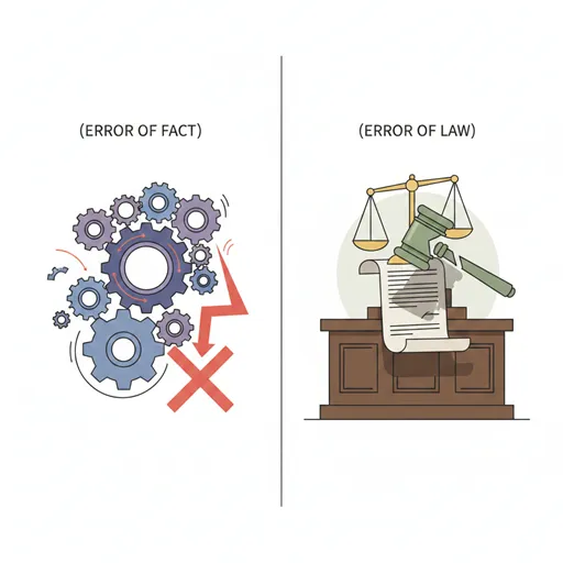 「誤謬」を論理の歯車が噛み合わず結論に至らない欠陥として、「錯誤」を裁判官の前に置かれた契約書上の認識のズレとして対比させて表現したイラスト
