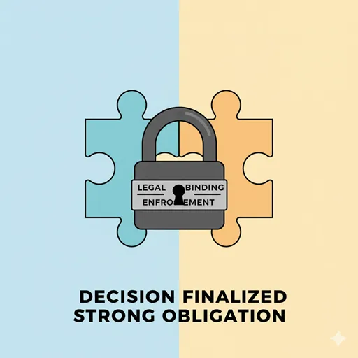 複数の関係者の意見が一つにまとまり、硬い錠前で閉じられた最終的な決定（法的拘束力）を表す「合意」のイラスト。