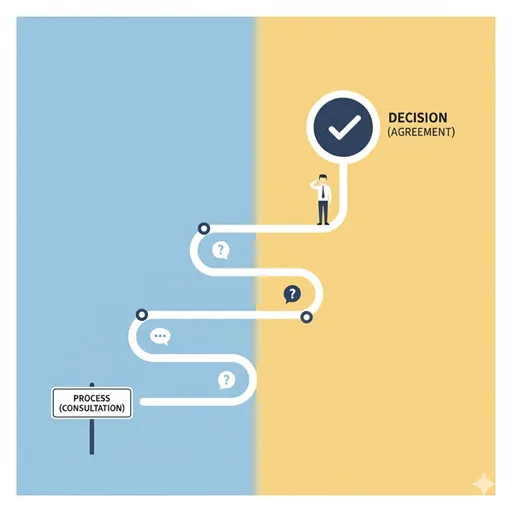 交渉プロセスにおいて、「協議」の段階から「合意」の段階へ明確にステップを進める戦略的な進捗管理を表すイラスト。