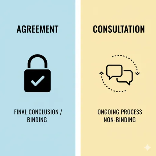 「合意」と「協議」の違いを「プロセスの段階」「結論の有無」「拘束力」などで比較した図解。