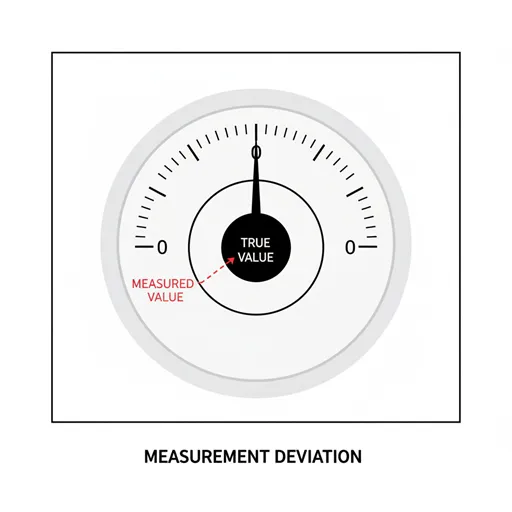 計測器の針が、真の値（理論値）からわずかにズレた値を示す、観測値と真の値の間の単なる差異（誤差）を表すイラスト。