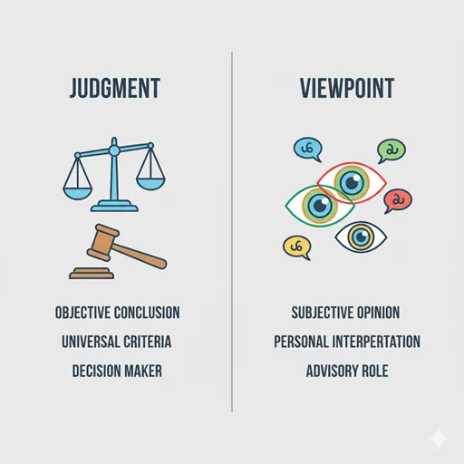 「判断」と「見解」の違いを「思考の基準」「客観性のレベル」「責任の重さ」などで比較した図解。