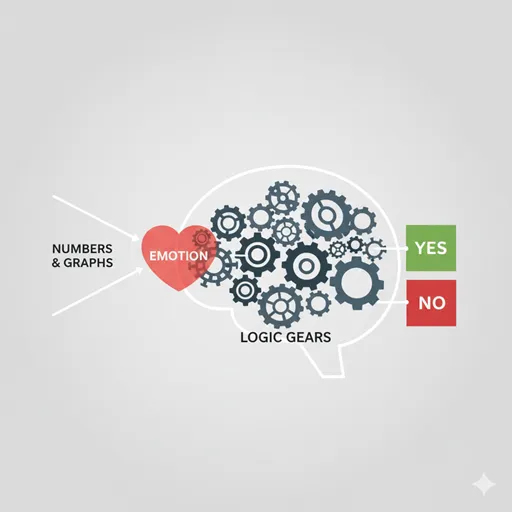 感情を排し、提示された複数のデータに基づいて、優劣や真偽を論理的に評価する「判断」の認知的プロセスを表すイラスト。