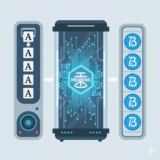 情報の本質的な内容(意味)を保ったまま、外側の表現形式や符号だけを置き換える「変換」のプロセスを表すイラスト。