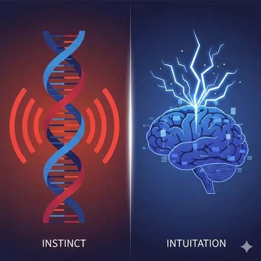 「本能」を遺伝子（DNA）の螺旋から発せられる普遍的なアラームとして、「直感」を経験で満たされた脳から瞬時に放たれるひらめきの電光として対比させて表現したイラスト
