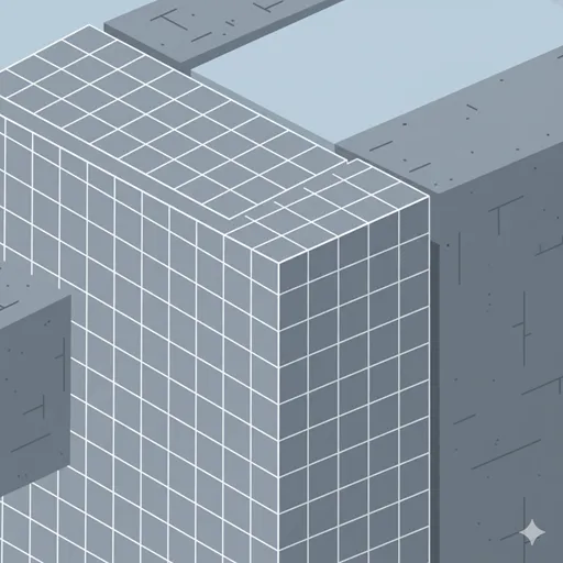 物体（立方体）の外側に、計測のためのグリッド線が引かれ、物理的な接点や層として扱われている「表面」の客観性を表すイラスト。