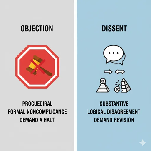 「異議」と「異論」の違いを「反対意見の対象」「要求するアクション」「論理的な機能」などで比較した図解。