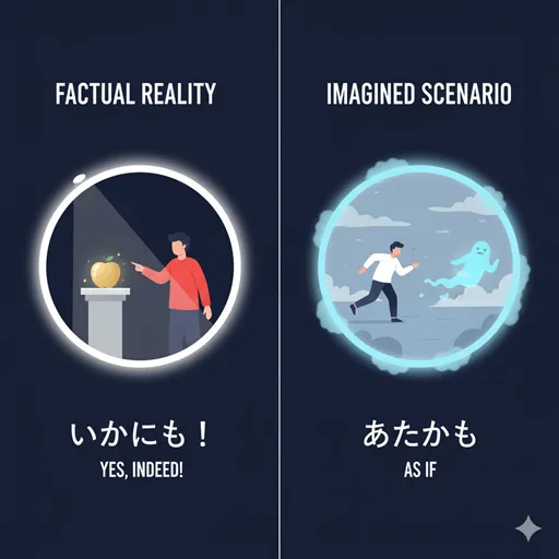 「いかにも」を強い確信の光が当たる一点として、「あたかも」を現実と虚構の境界線として対比させたイラスト