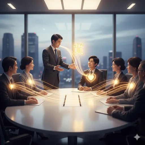 ビジネスの場で、人物評価や事象の本質を「いかにも」という言葉で断言し、周囲の共感を得るリーダーの様子