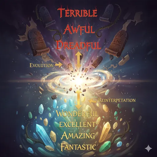 古典時代において「恐ろしい」から「素晴らしい」へと意味が大きく変遷した言葉の歴史を表すイラスト。