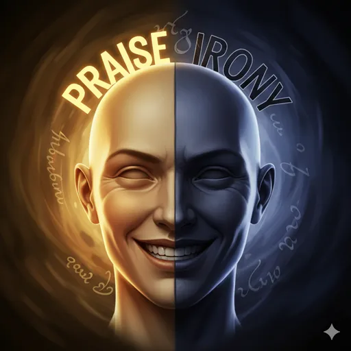 「いみじくも」が持つ「最高の賛辞」と「皮肉」という相反する二つの用法を、表裏一体の感情として表現したイラスト。